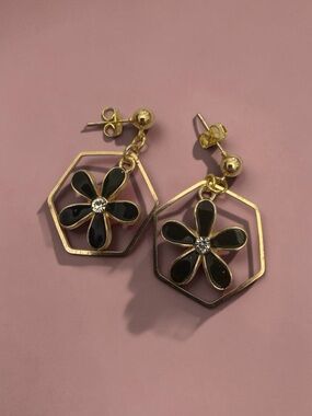 Gold Hexagon Drop Earrings with Black Flower Accents - Women Jewelry